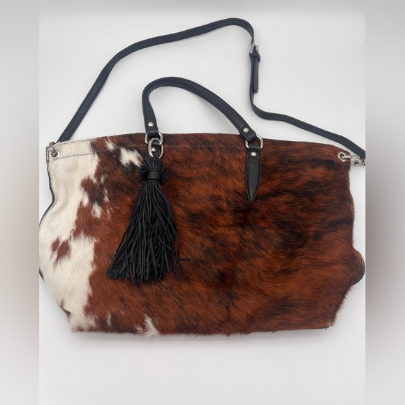 SOLD Pulicati Black Leather Bag pony hair cow print, tassel - Picture 2 of 10